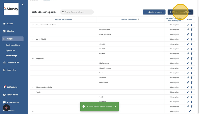 Gestion des catégories budgétaires et des actions du projet - Step 6